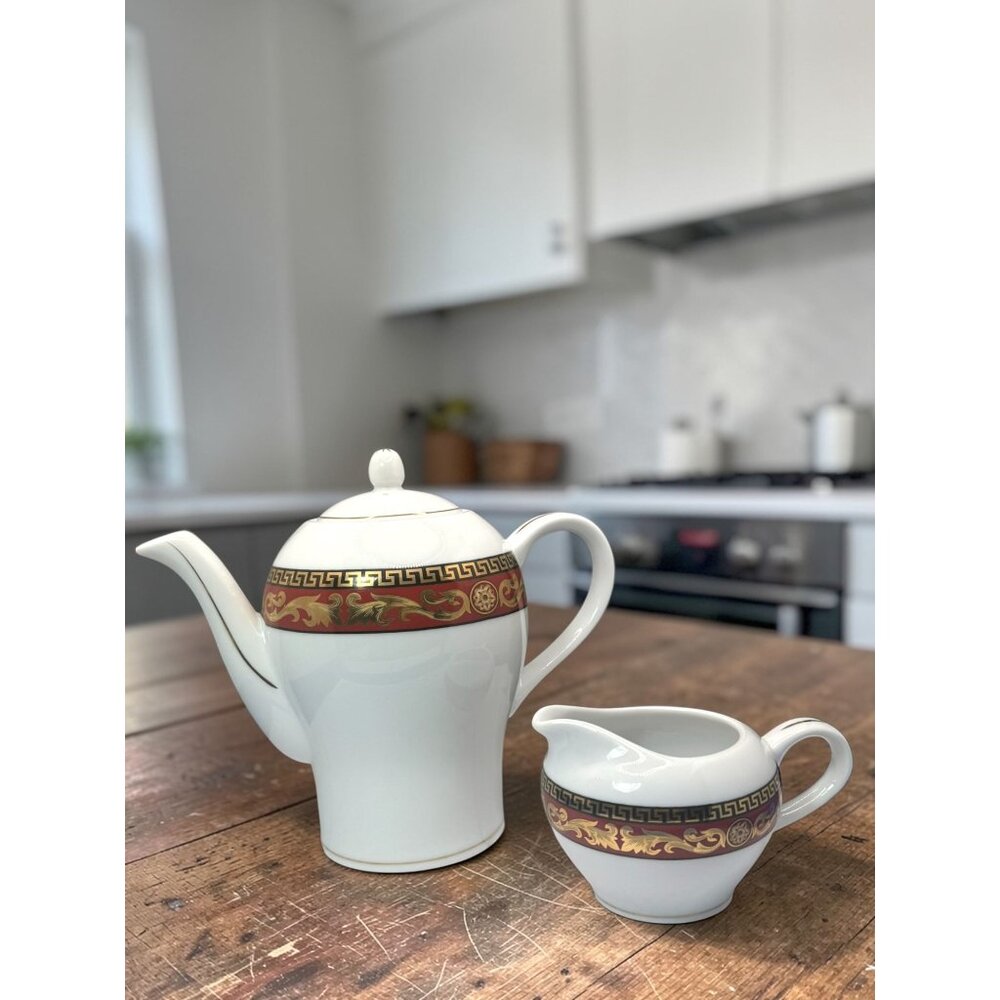 Elegant W-Regal Porcelain Teapot & Creamer Set With Red & Gold Greek Key Design